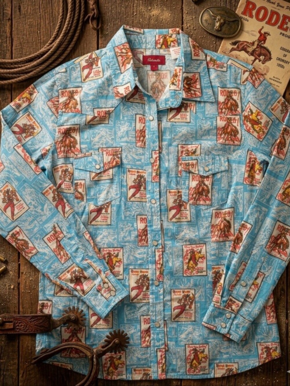 Vintage Panhandle Slim Rodeo Graphic Western Shirt Pearl Snap Long Sleeve Blue L